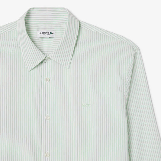 Camicia Lacoste Uomo Regular Fit a Righe in Popeline di Cotone Bianco Verde