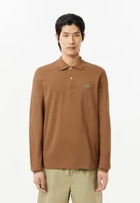 Polo Lacoste in Cotone Piqué Maniche Lunghe Marrone