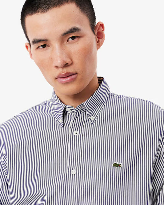 Lacoste Camicia Uomo Regular fit a Righe in Cotone Pinpoint Bianca e Blu