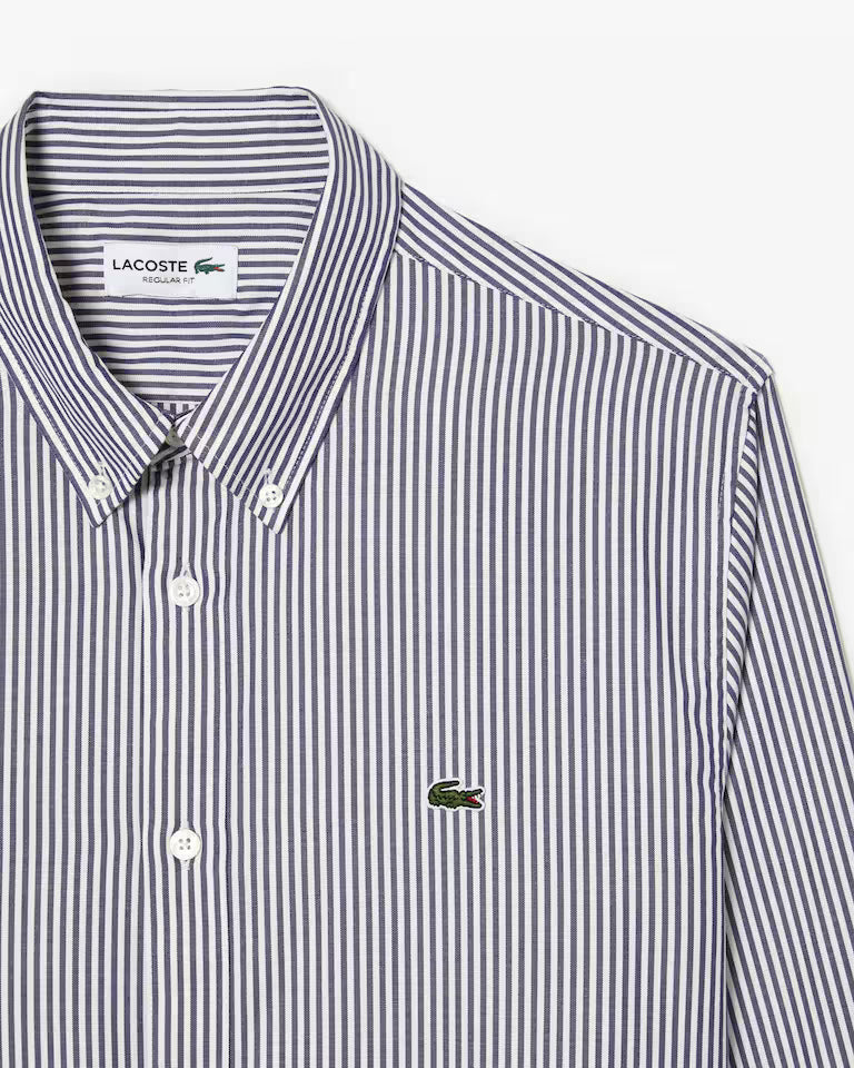 Lacoste Camicia Uomo Regular fit a Righe in Cotone Pinpoint Bianca e Blu