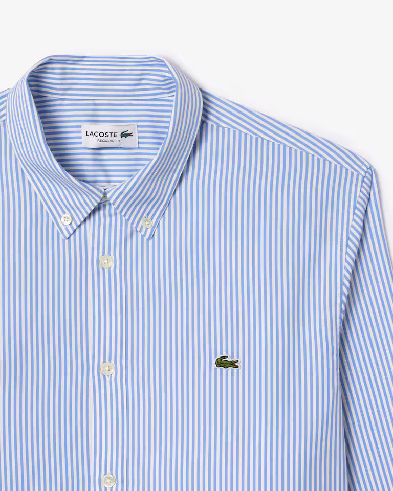 Lacoste Camicia Uomo Regular fit a Righe in Cotone Pinpoint Bianca e Celeste