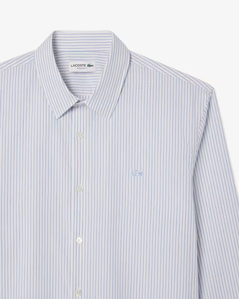 Camicia Lacoste Uomo Regular Fit a Righe in Popeline di Cotone Bianco Blu