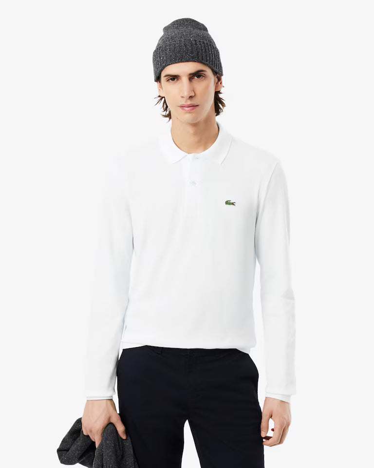 Polo Lacoste in Cotone Piqué Maniche Lunghe Bianco