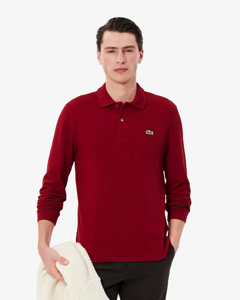 Polo Lacoste in Cotone Piqué Maniche Lunghe Bordeaux