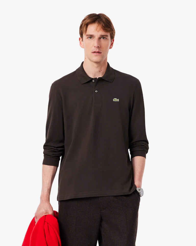Polo Lacoste in Cotone Piqué Maniche Lunghe Marrone