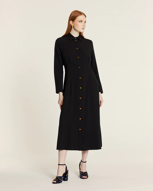 Abito Lungo Donna Pepaloves con Bottoni a Cuore – Nero, Manica Lunga