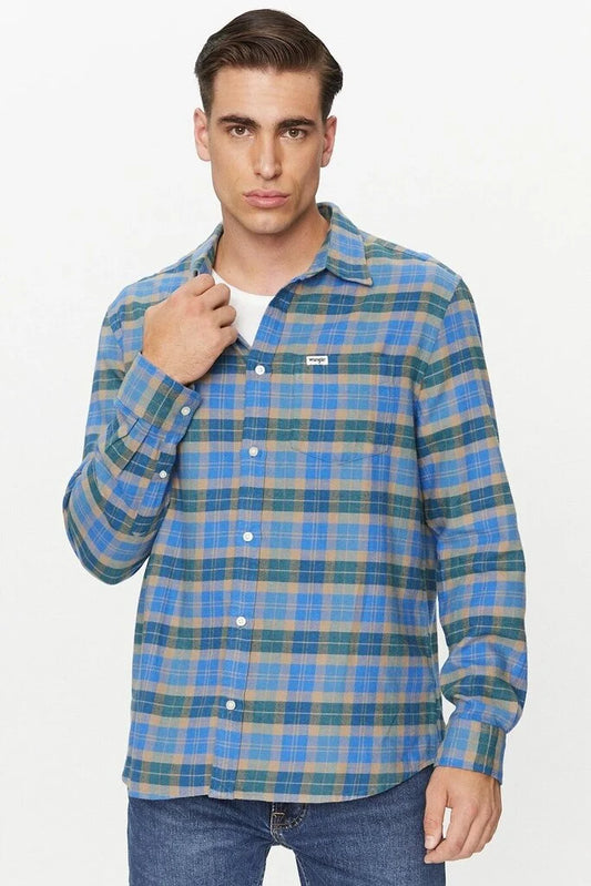 WRANGLER Camicia Uomo Regular Fit in flanella a quadri blu e verde