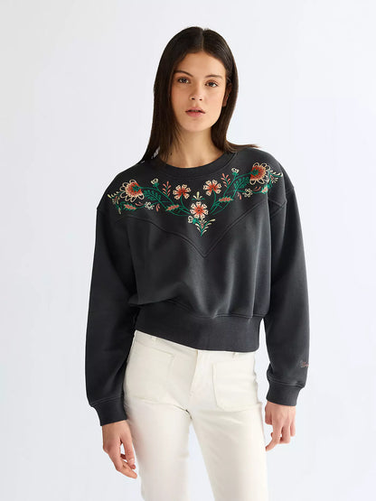 Wrangler · Felpa donna cropped floreale ricamata nero