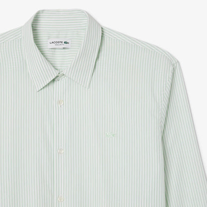 Camicia Lacoste Uomo Regular Fit a Righe in Popeline di Cotone Bianco Verde