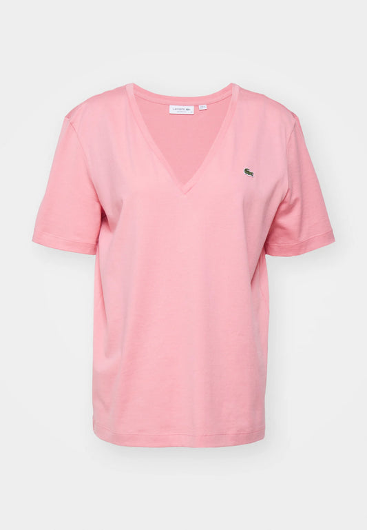 LACOSTE T-Shirt Donna Manica Corta Scollo V in Cotone