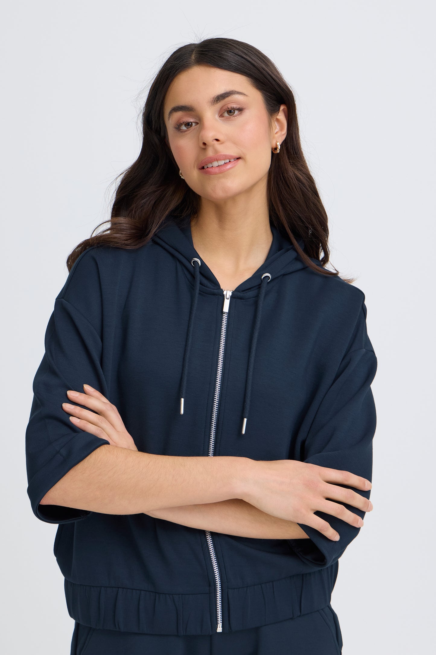 Fransa Felpa Donna con Cappuccio e Zip Manica a 3/4 in Modal Stretch