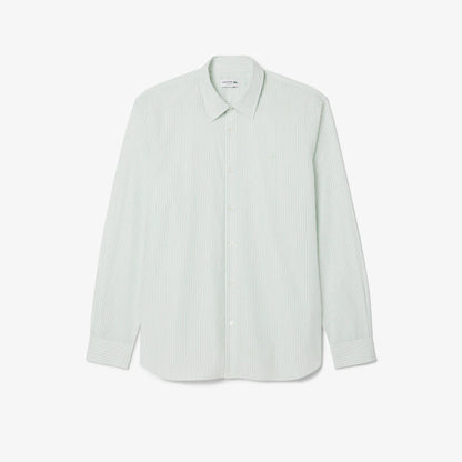 Camicia Lacoste Uomo Regular Fit a Righe in Popeline di Cotone Bianco Verde