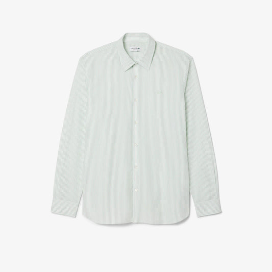 Camicia Lacoste Uomo Regular Fit a Righe in Popeline di Cotone Bianco Verde