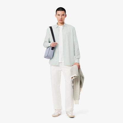 Camicia Lacoste Uomo Regular Fit a Righe in Popeline di Cotone Bianco Verde