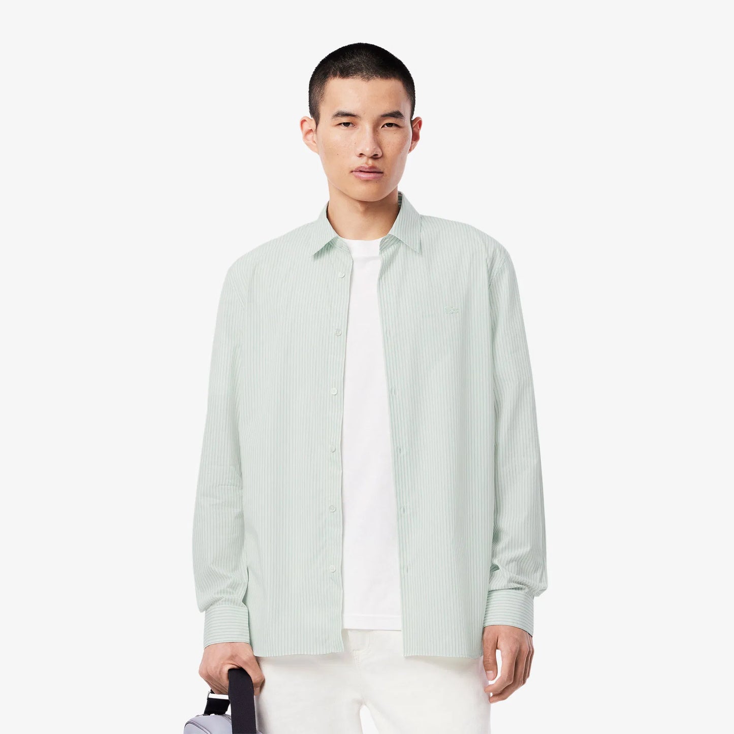 Camicia Lacoste Uomo Regular Fit a Righe in Popeline di Cotone Bianco Verde