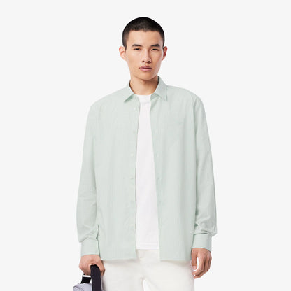 Camicia Lacoste Uomo Regular Fit a Righe in Popeline di Cotone Bianco Verde