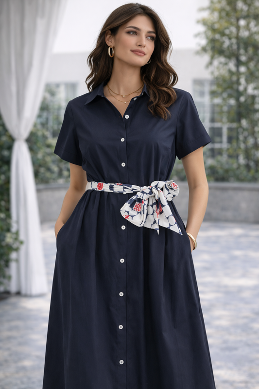 Rebeka Ross · Abito camicia donna midi con cintura blu