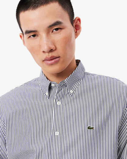 Camicia Uomo Lacoste CH2936 Regular Fit a Righe in Cotone Pinpoint Bianco Blu 166