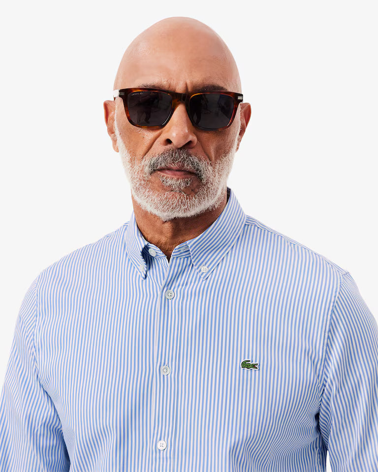 Camicia Uomo Lacoste CH2936 Regular Fit a Righe in Cotone Pinpoint Bianco Celeste HBP