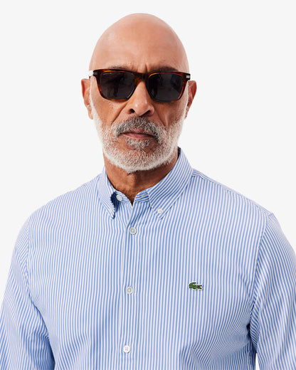 Camicia Uomo Lacoste CH2936 Regular Fit a Righe in Cotone Pinpoint Bianco Celeste HBP