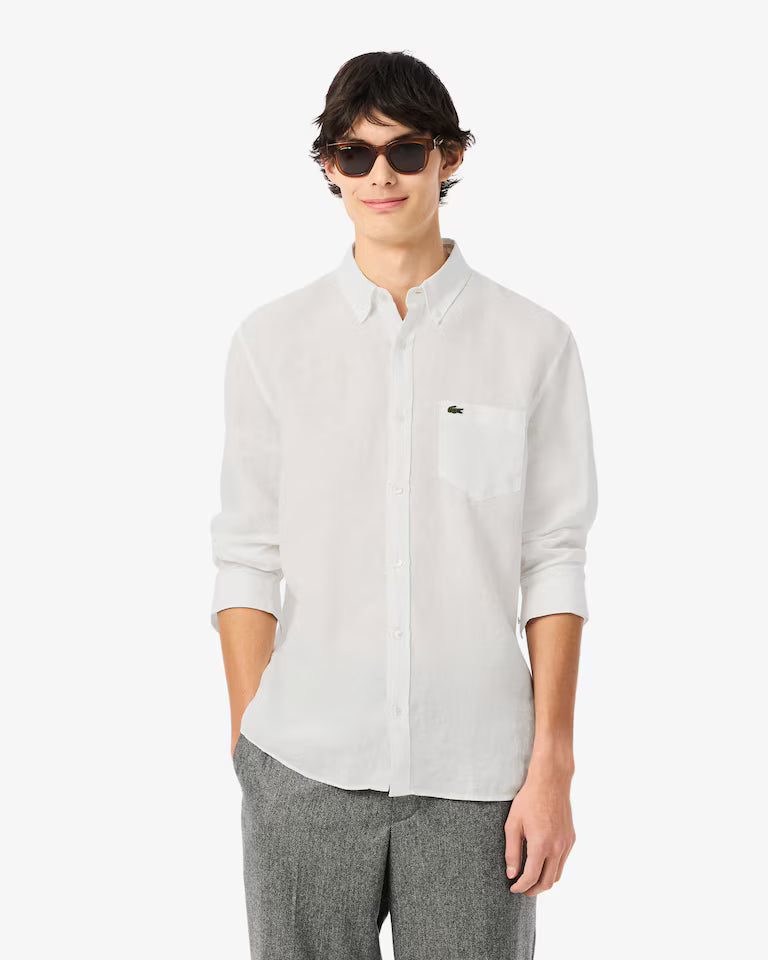 Camicia Uomo Lacoste CH5692 Regular Fit in Lino Manica Lunga Bianco 001