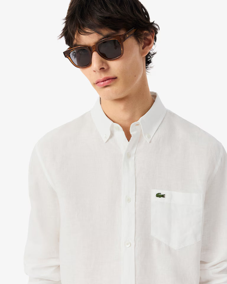 Camicia Uomo Lacoste CH5692 Regular Fit in Lino Manica Lunga Bianco 001