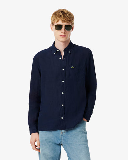 Camicia Uomo Lacoste CH5692 Regular Fit in Lino Manica Lunga Blu 166