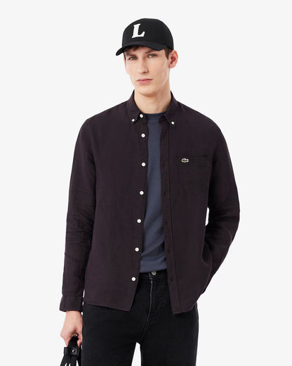 Lacoste · Camicia uomo manica lunga regular lino marrone