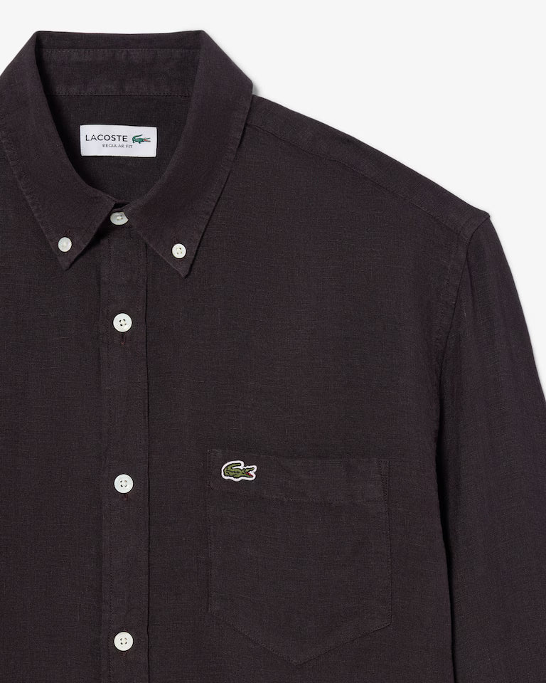 Lacoste · Camicia uomo manica lunga regular lino marrone