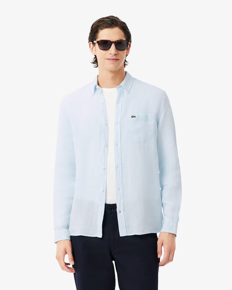 Camicia Uomo Lacoste CH5692 Regular Fit in Lino Manica Lunga Azzurro T01