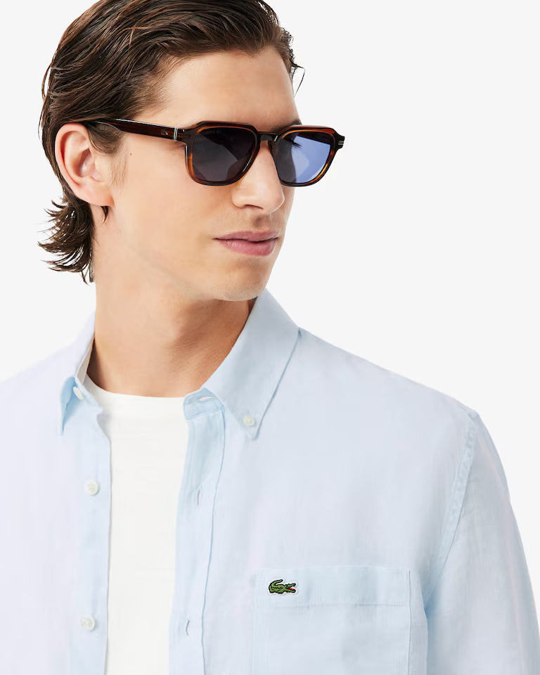 Camicia Uomo Lacoste CH5692 Regular Fit in Lino Manica Lunga Azzurro T01