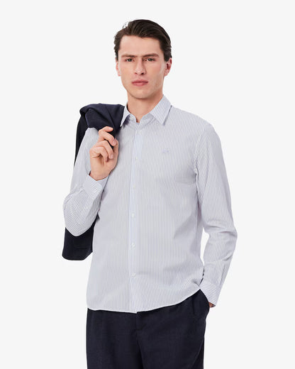 Camicia Lacoste Uomo Regular Fit a Righe in Popeline di Cotone Bianco Blu