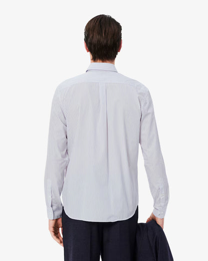 Camicia Lacoste Uomo Regular Fit a Righe in Popeline di Cotone Bianco Blu
