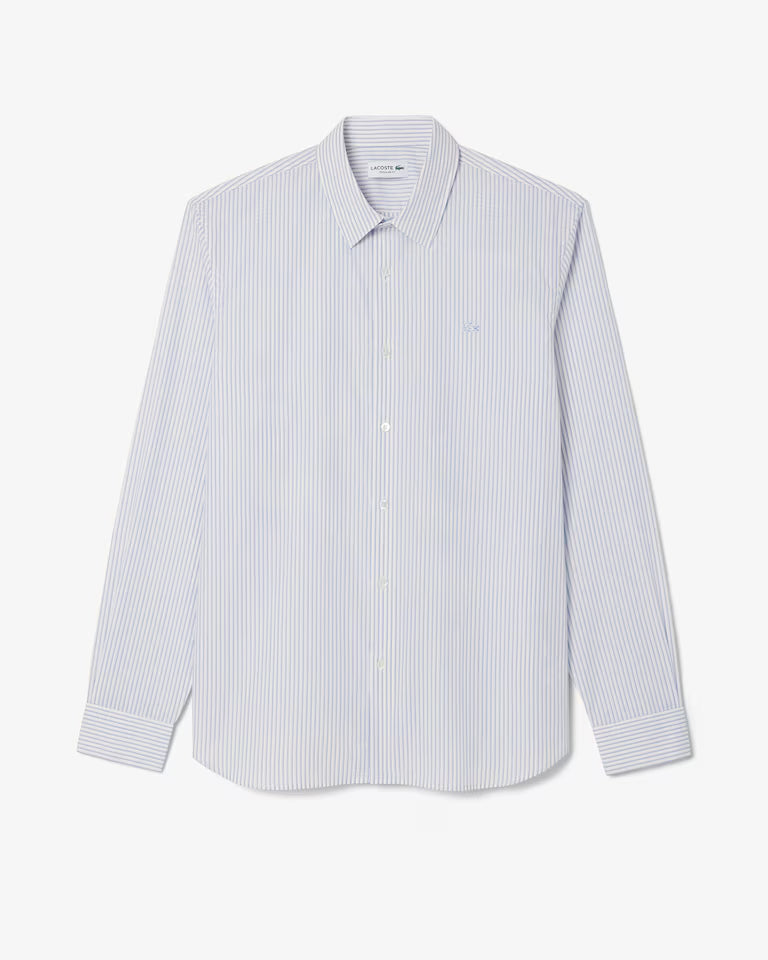 Camicia Lacoste Uomo Regular Fit a Righe in Popeline di Cotone Bianco Blu