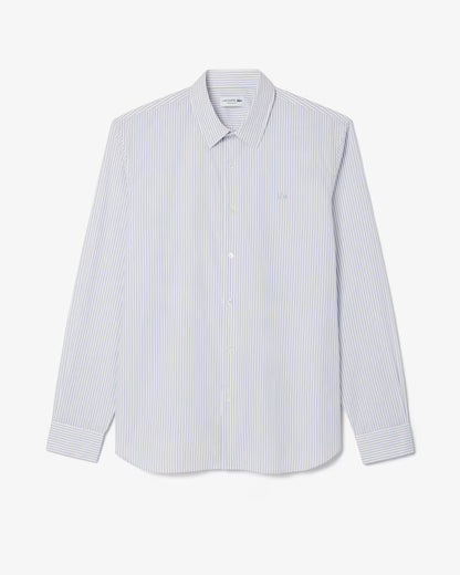 Camicia Lacoste Uomo Regular Fit a Righe in Popeline di Cotone Bianco Blu
