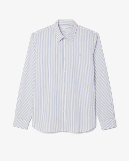 Camicia Lacoste Uomo Regular Fit a Righe in Popeline di Cotone Bianco Blu