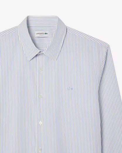 Camicia Lacoste Uomo Regular Fit a Righe in Popeline di Cotone Bianco Blu