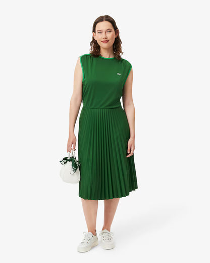 LACOSTE Abito Donna Smanicato Plissettato in Jersey Tecnico Verde