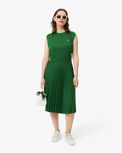 LACOSTE Abito Donna Smanicato Plissettato in Jersey Tecnico Verde