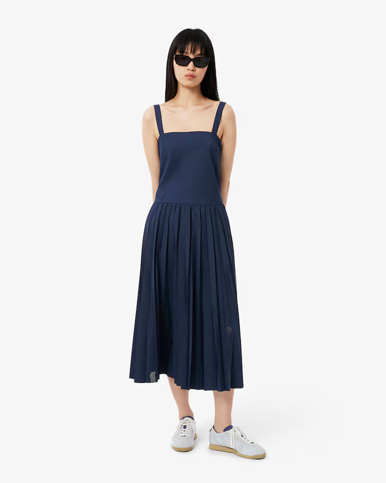 LACOSTE Abito Donna Lungo in Poliestere riciclato Plissettato Blu Navy