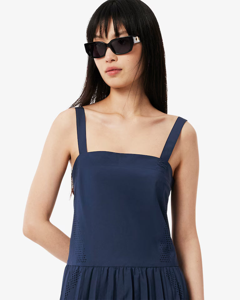 LACOSTE Abito Donna Lungo in Poliestere riciclato Plissettato Blu Navy