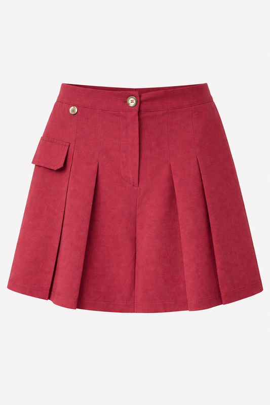 Rebeka Ross · Gonna donna corta pieghe misto lino bordeaux