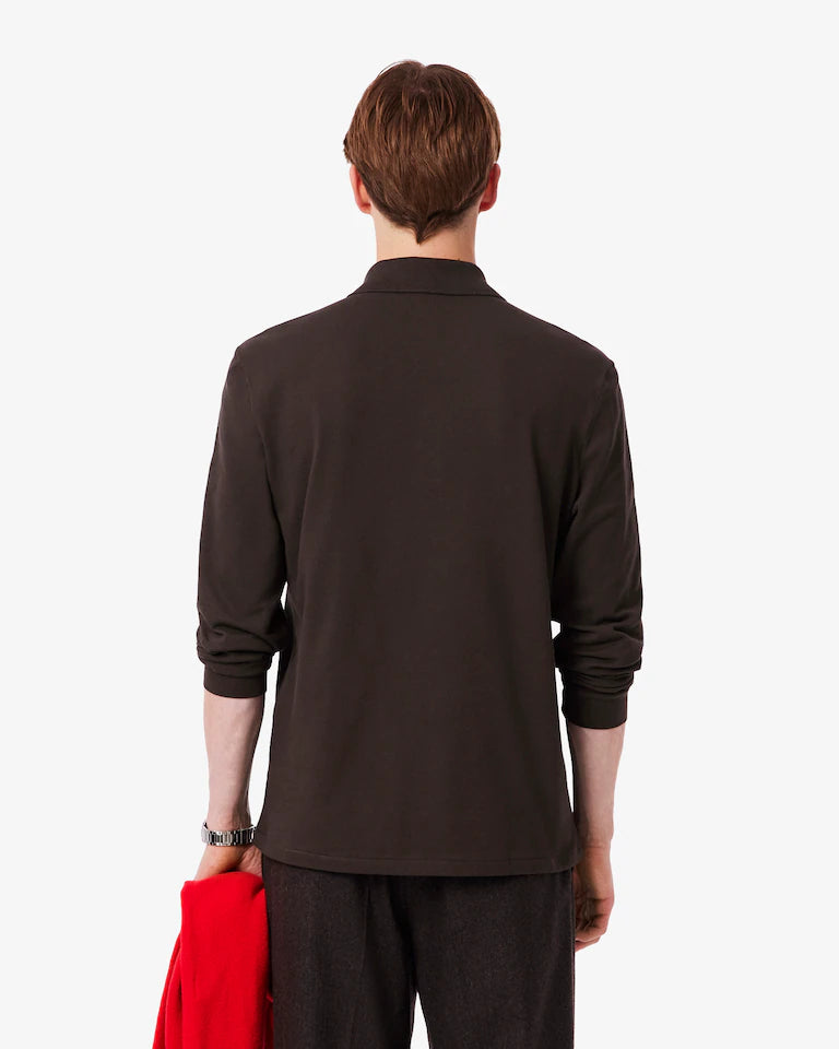 Polo Lacoste in Cotone Piqué Maniche Lunghe Marrone