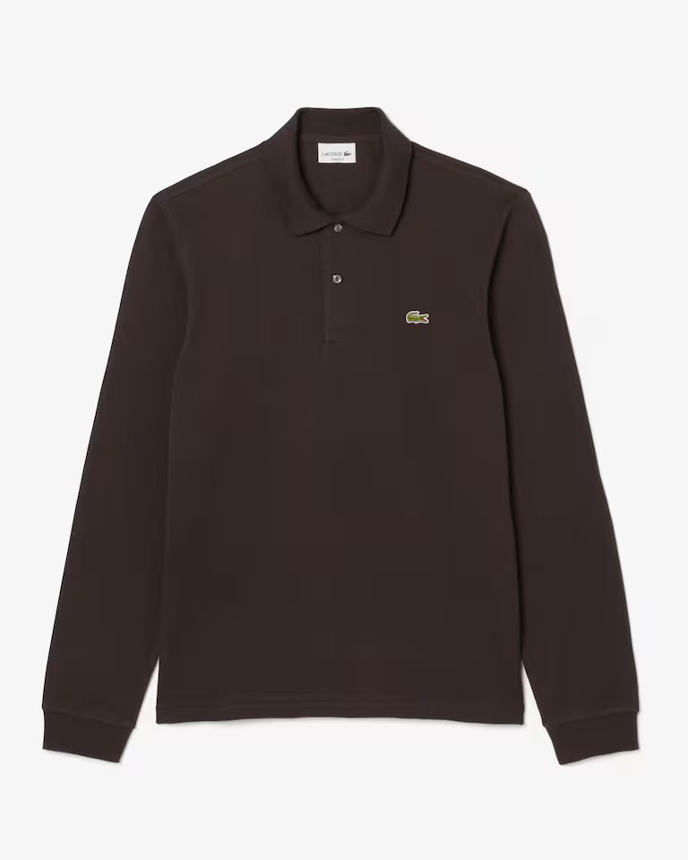 Polo Lacoste in Cotone Piqué Maniche Lunghe Marrone