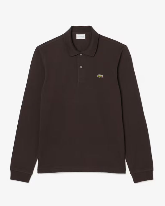 Polo Lacoste in Cotone Piqué Maniche Lunghe Marrone