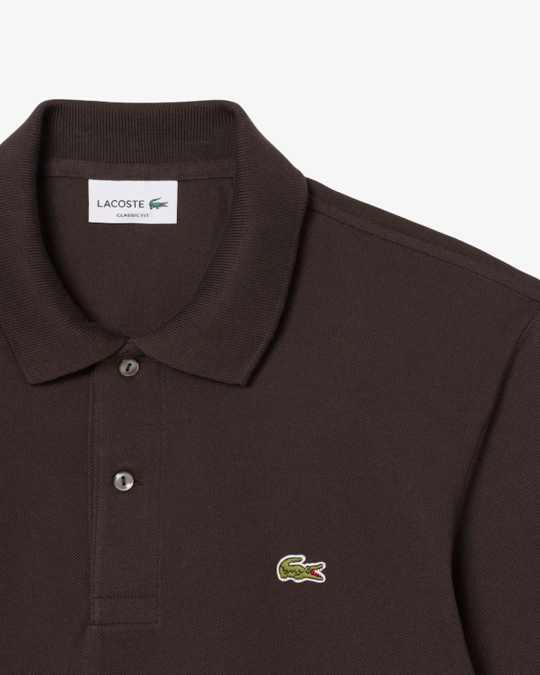 Polo Lacoste in Cotone Piqué Maniche Lunghe Marrone