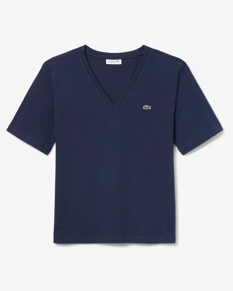 LACOSTE T-Shirt Donna Manica Corta Scollo V in Cotone