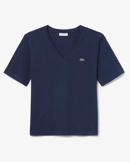 Lacoste T-Shirt Donna Manica Corta Scollo V in Cotone Pima