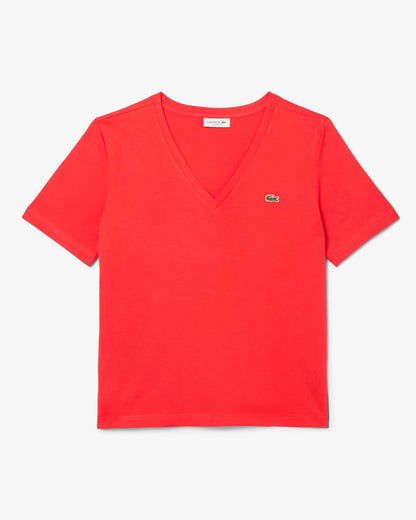 Lacoste T-Shirt Donna Manica Corta Scollo V in Cotone Pima