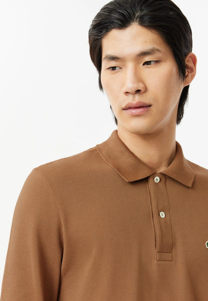 Polo Lacoste in Cotone Piqué Maniche Lunghe Marrone